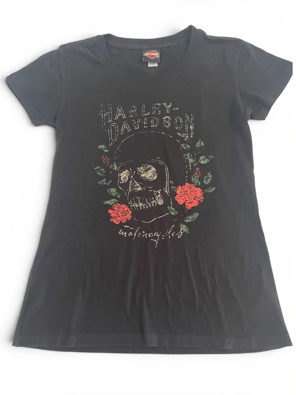 Harley-Davidson Black Short Sleeve Tee with Skull & Red Roses Fargo ND Size M